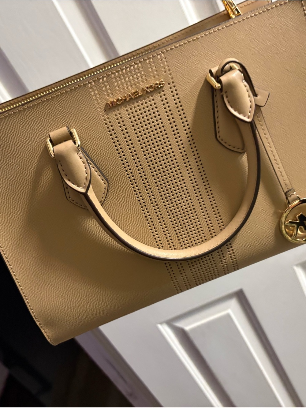 Michael Kors Tan Saffiano Leather Perforated Tote with Gold Hardware